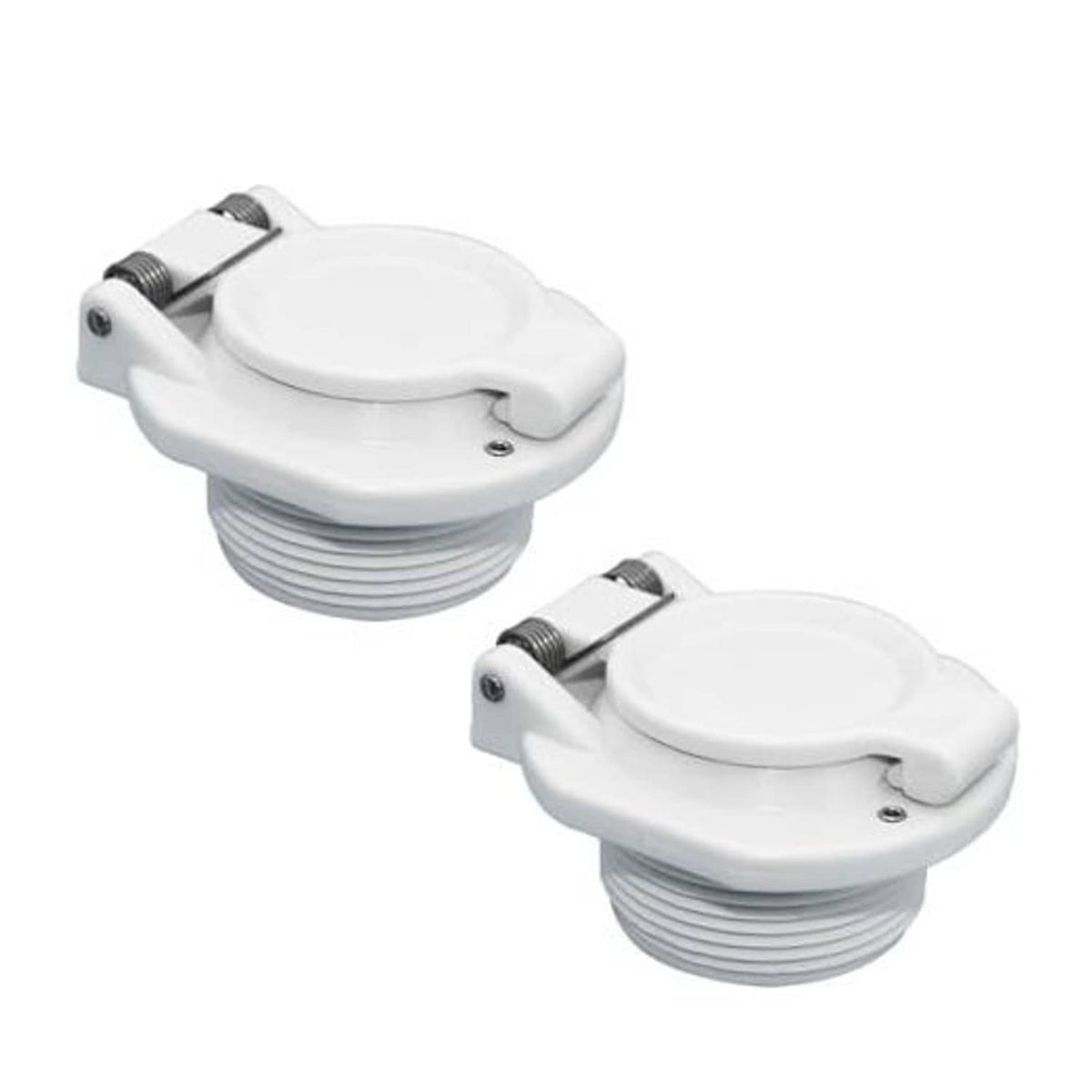 White pool vacuum safety lock caps with spring coil and side screws, set of 2