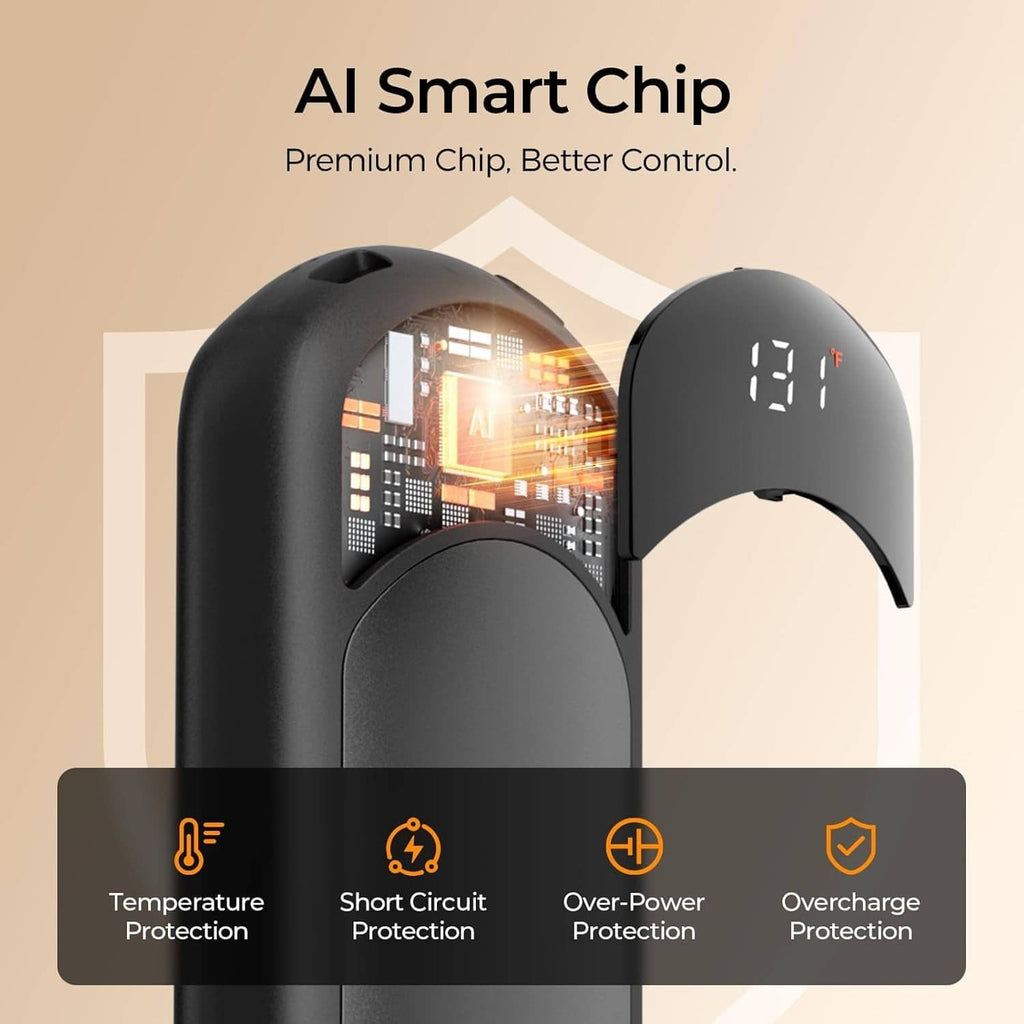Black rechargeable hand warmers with digital temperature display and safety chip icons