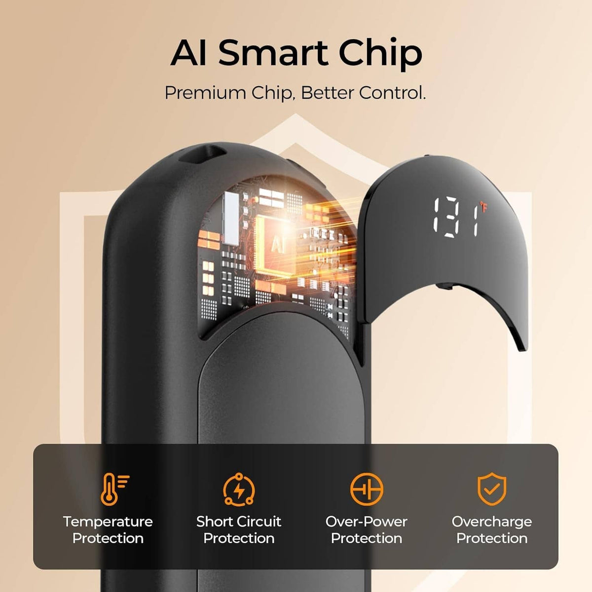 Black rechargeable hand warmers with digital temperature display and safety chip icons