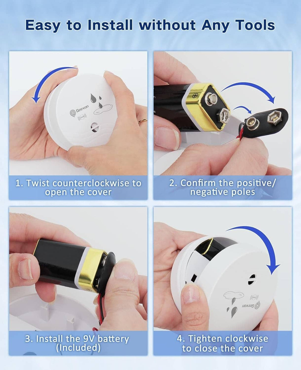 Geevon water leak alarm installation steps, inserting 9V battery and closing cover
