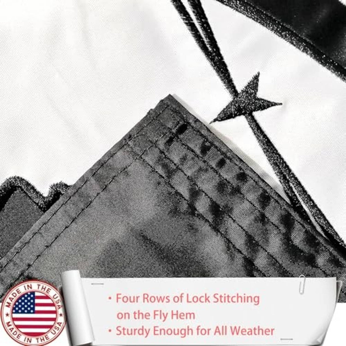 Black flag hem with four rows of lock stitching and close-up POW*MIA pattern