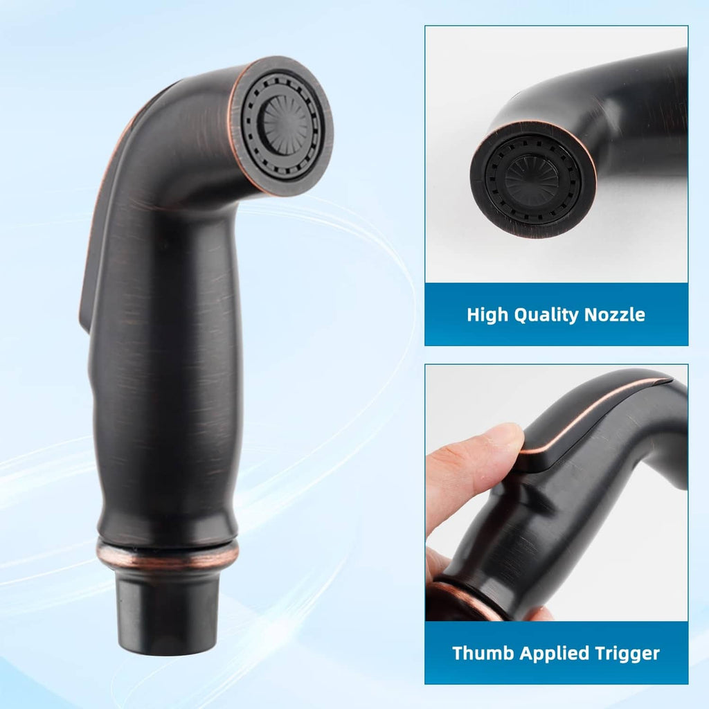 Black kitchen sink sprayer head with fine-spray nozzle and thumb trigger