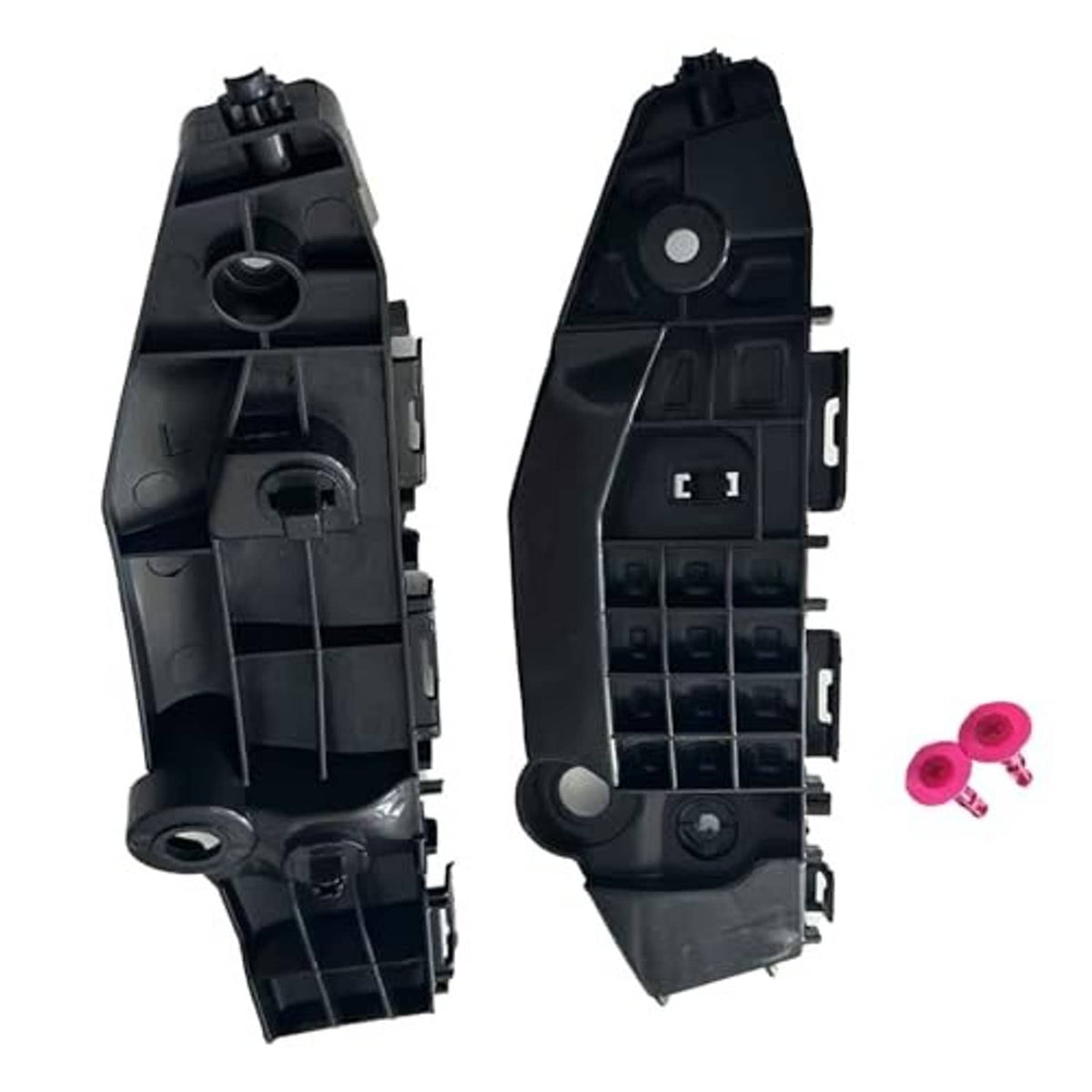 Black bumper bracket pair with pink push clips, molded plastic with mounting tabs