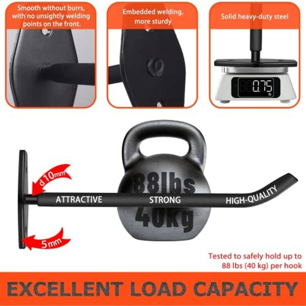 Black steel tire wall hook with welded base and front smooth finish, close-up.