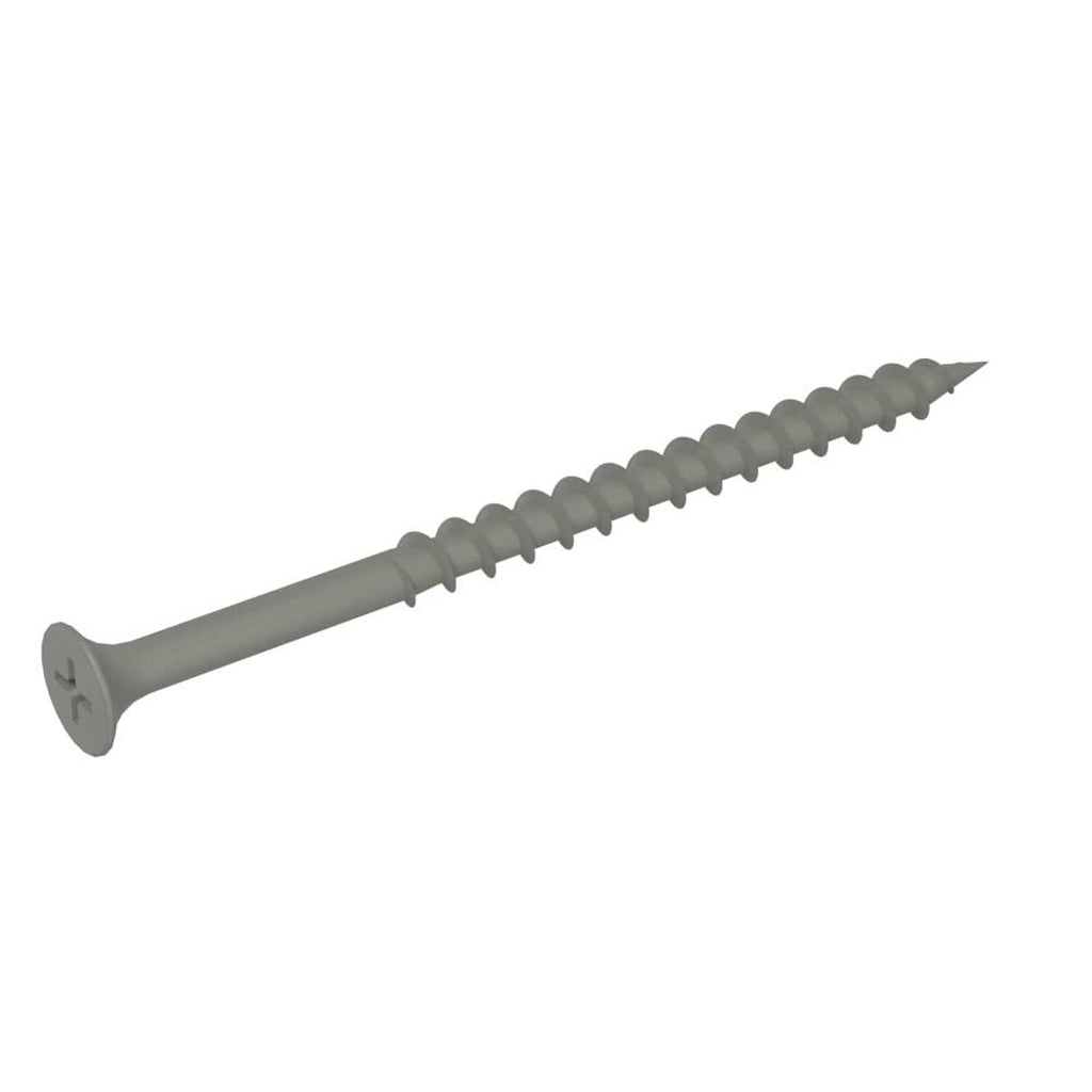 Gray #2 Phillips exterior screw with sharp point and threaded shank, 3 in.