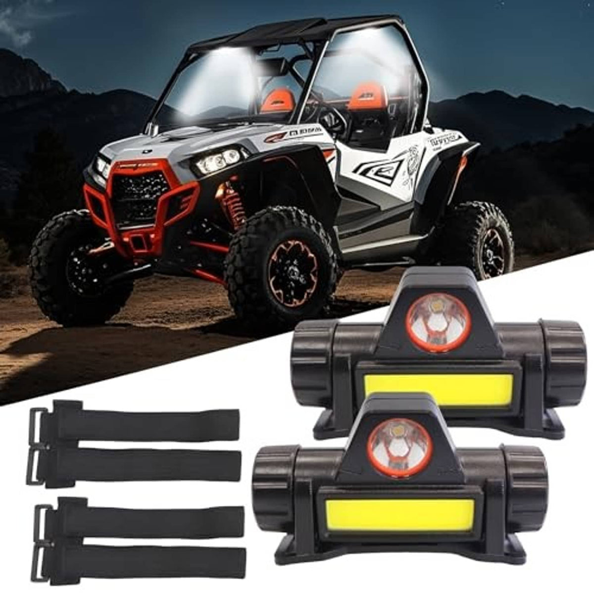 Rechargeable UTV dome interior light set with two COB LED fixtures and brackets