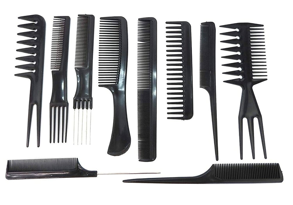 Assorted black hair combs with different tooth sizes and long handles