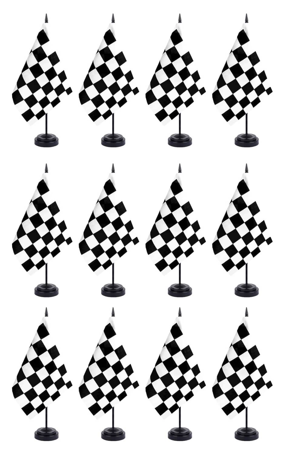 Set of small black-and-white checkered racing flags on round bases
