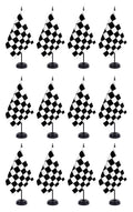 Set of small black-and-white checkered racing flags on round bases