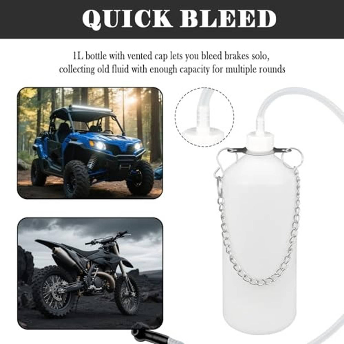 Brake bleeder bottle kit with 1L vented bottle and long clear hose for solo brake bleeding.