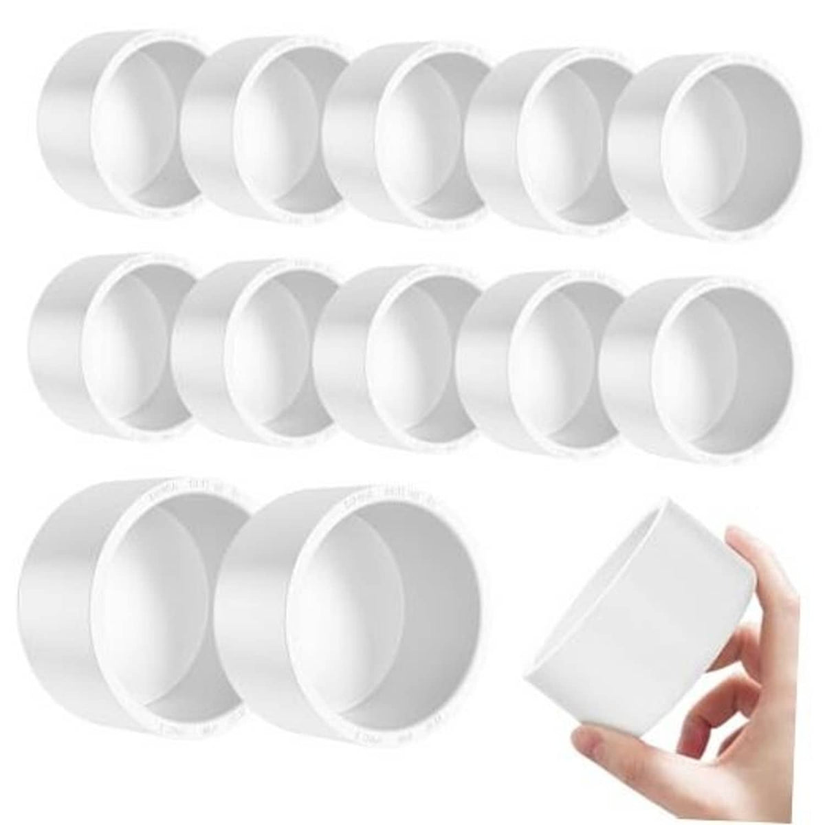 Set of 1-1/2 inch white PVC pipe end caps, 12-pack, open circular ends