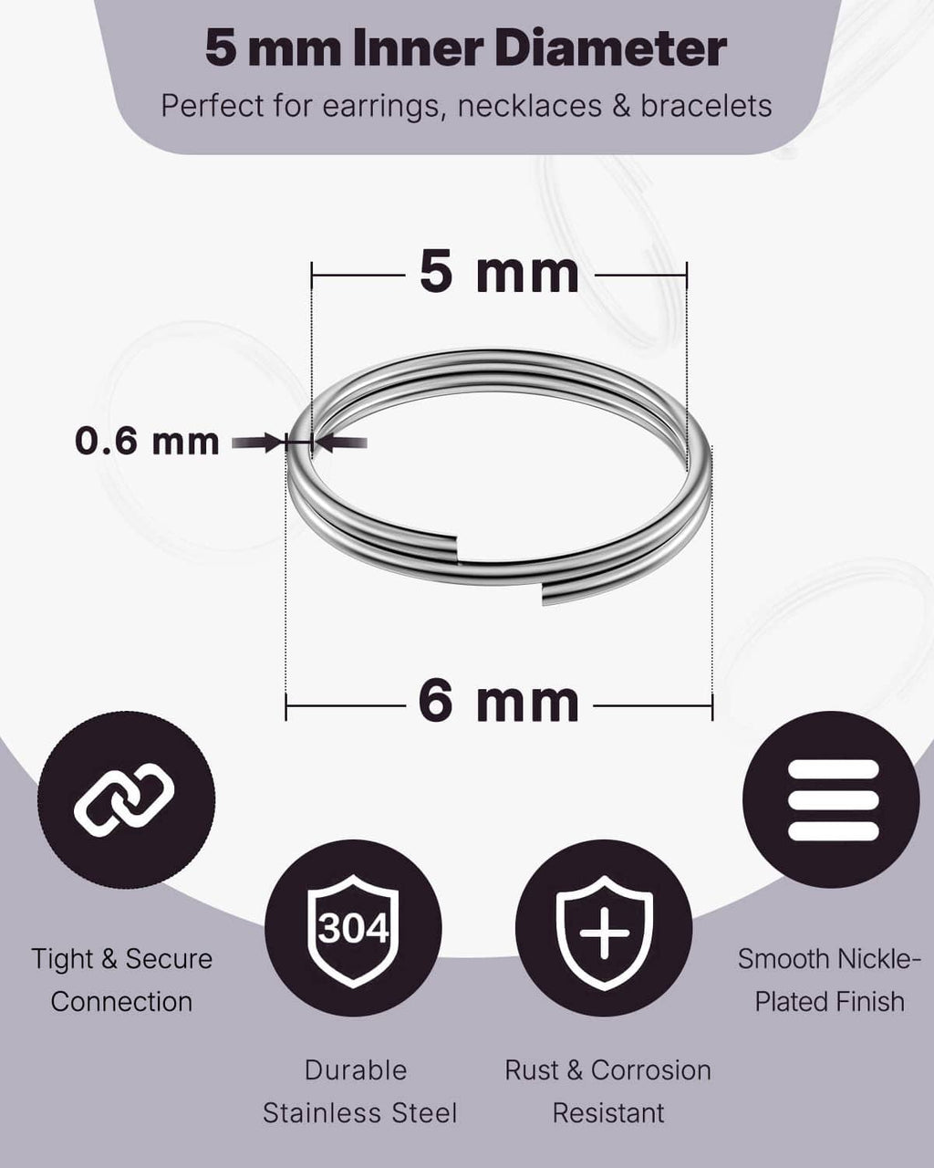 Metal split jump ring diagram showing 5 mm inner diameter and 6 mm size
