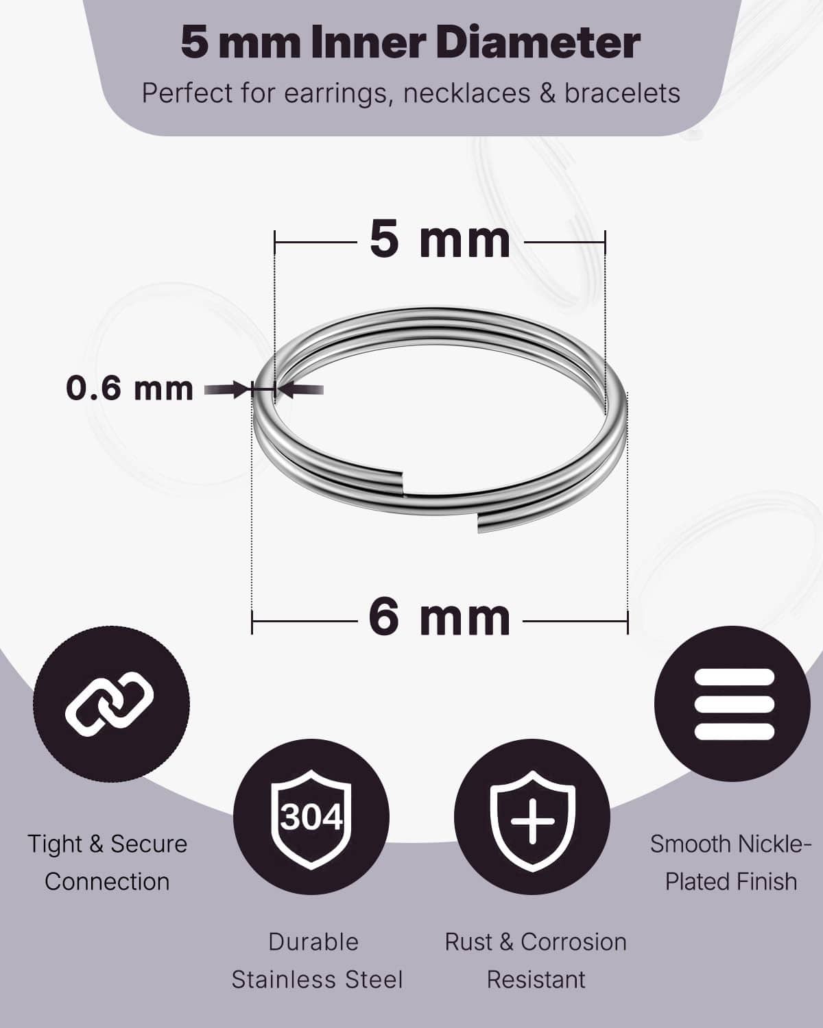 Metal split jump ring diagram showing 5 mm inner diameter and 6 mm size