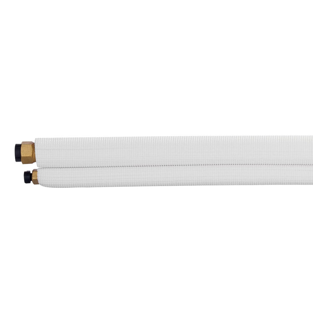 Mini split line set with straight copper tubing and white PE insulation, end fittings