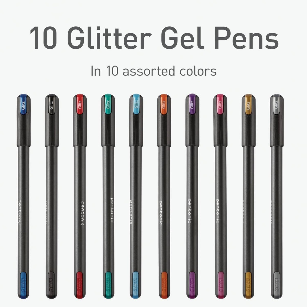 Glitter gel pens set showing 10 dark-barrel pens with assorted colored tips