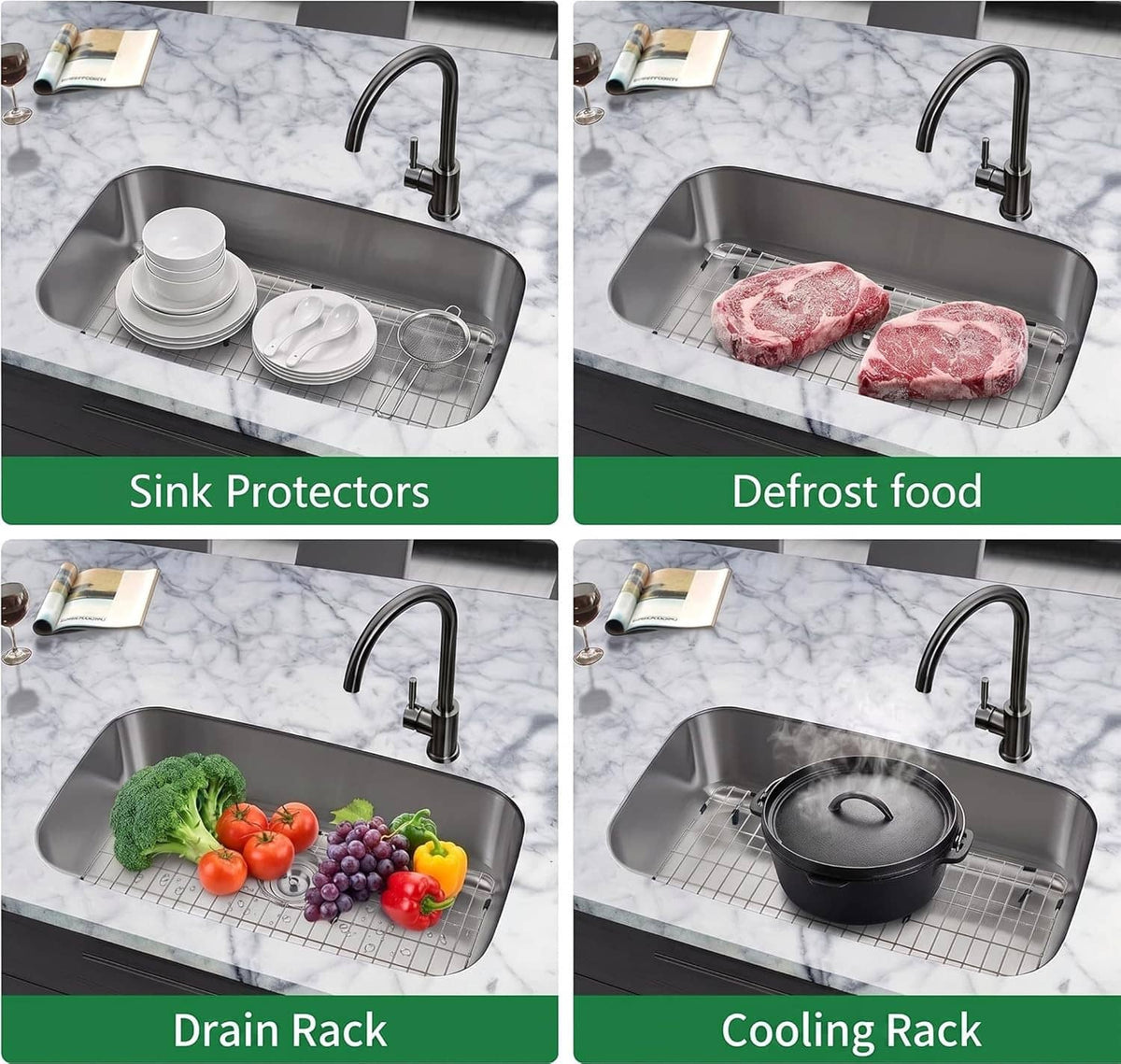 Stainless steel sink grid protector with drain opening, used with dishware in sink
