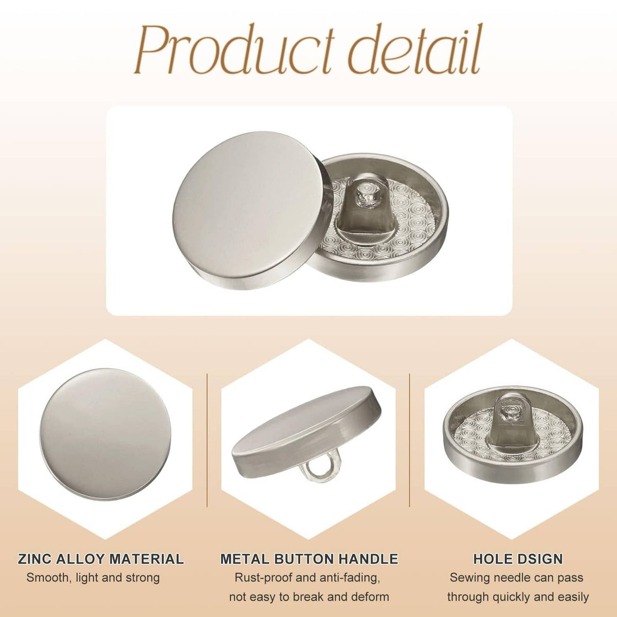Matte silver round button with visible underside and secure hole