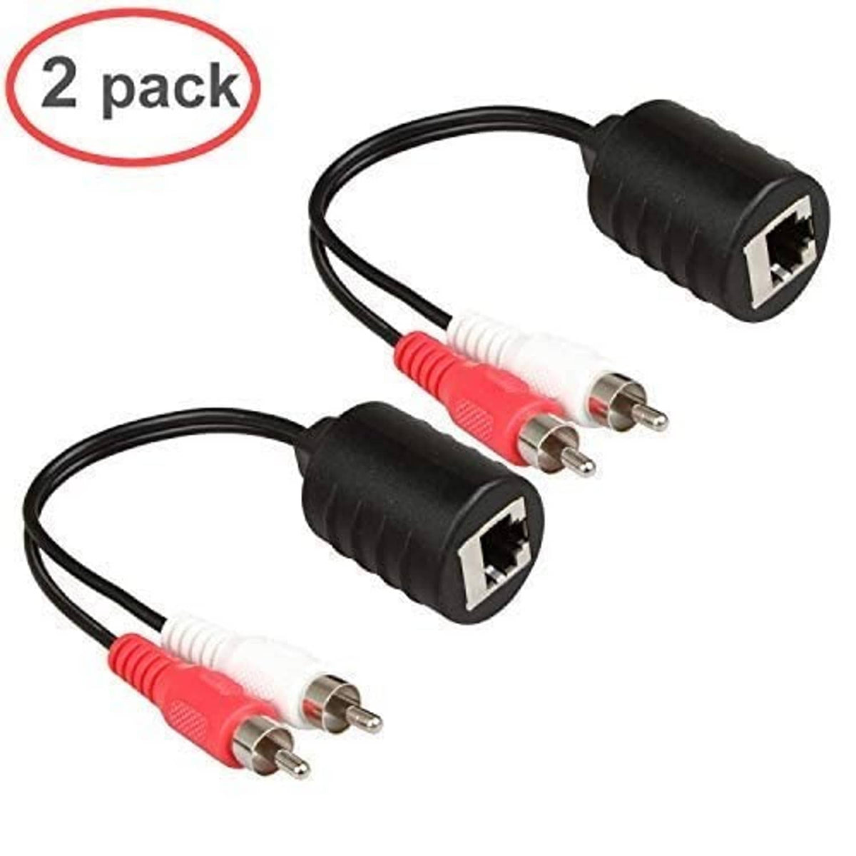 2-pack stereo RCA to RJ45 audio extender cables, black housings with red and white RCA ends
