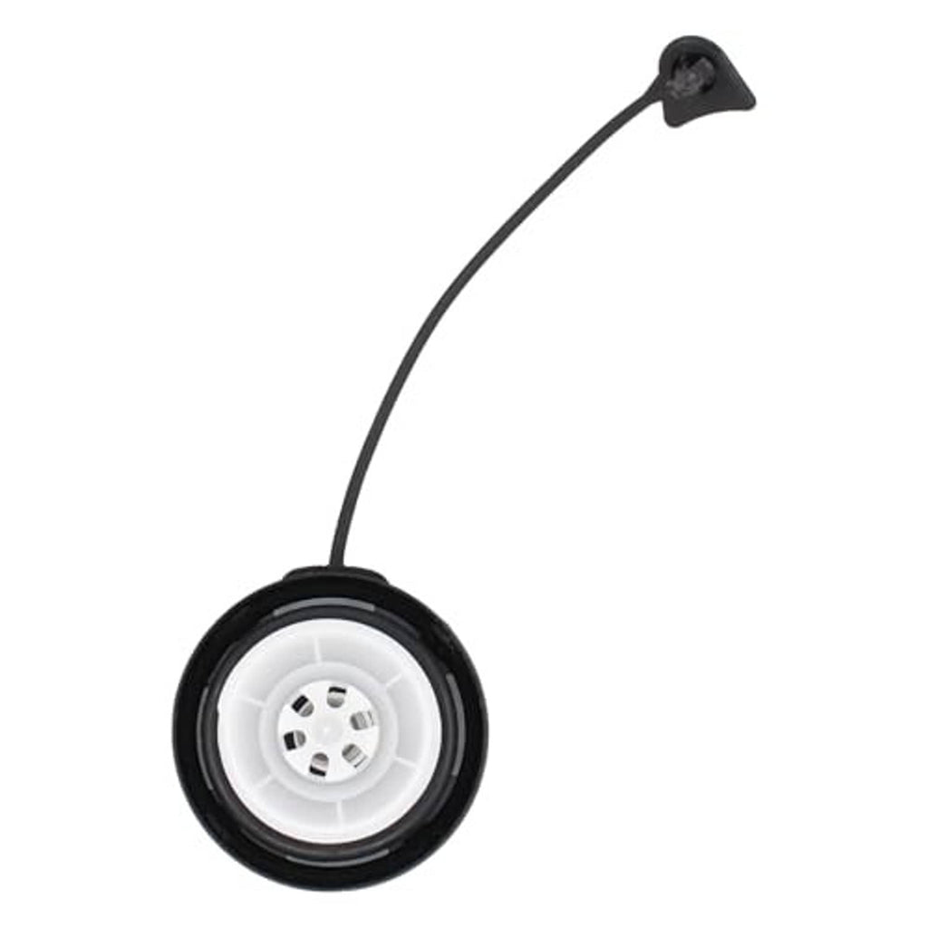 Fuel tank filler cap with black rim and white underside with vent holes