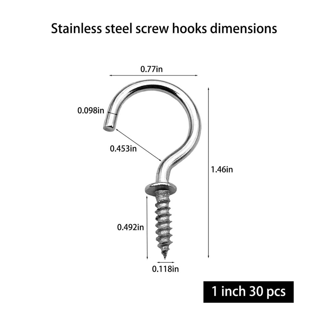 Stainless steel screw ceiling hook with size guide, curved loop and threaded screw