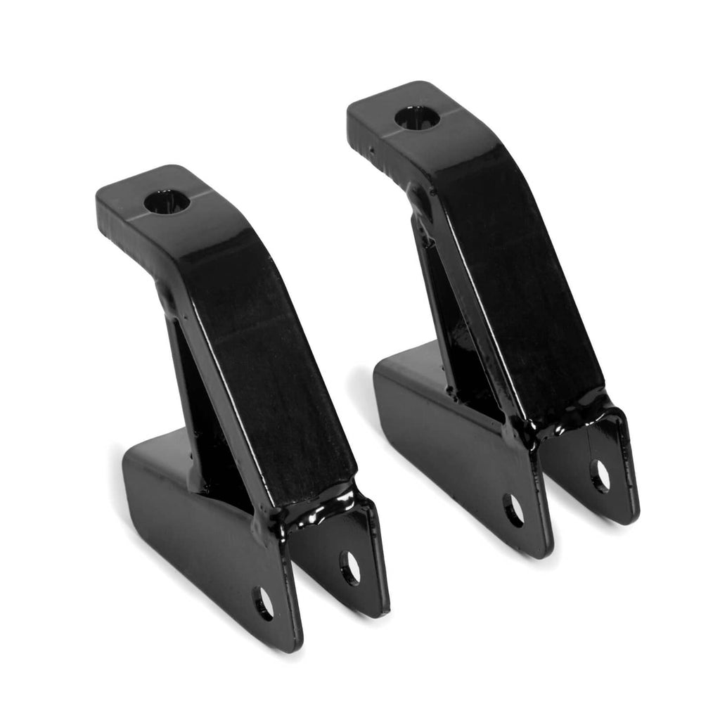 Two black vertical lift brackets with top holes and bottom mounting plates