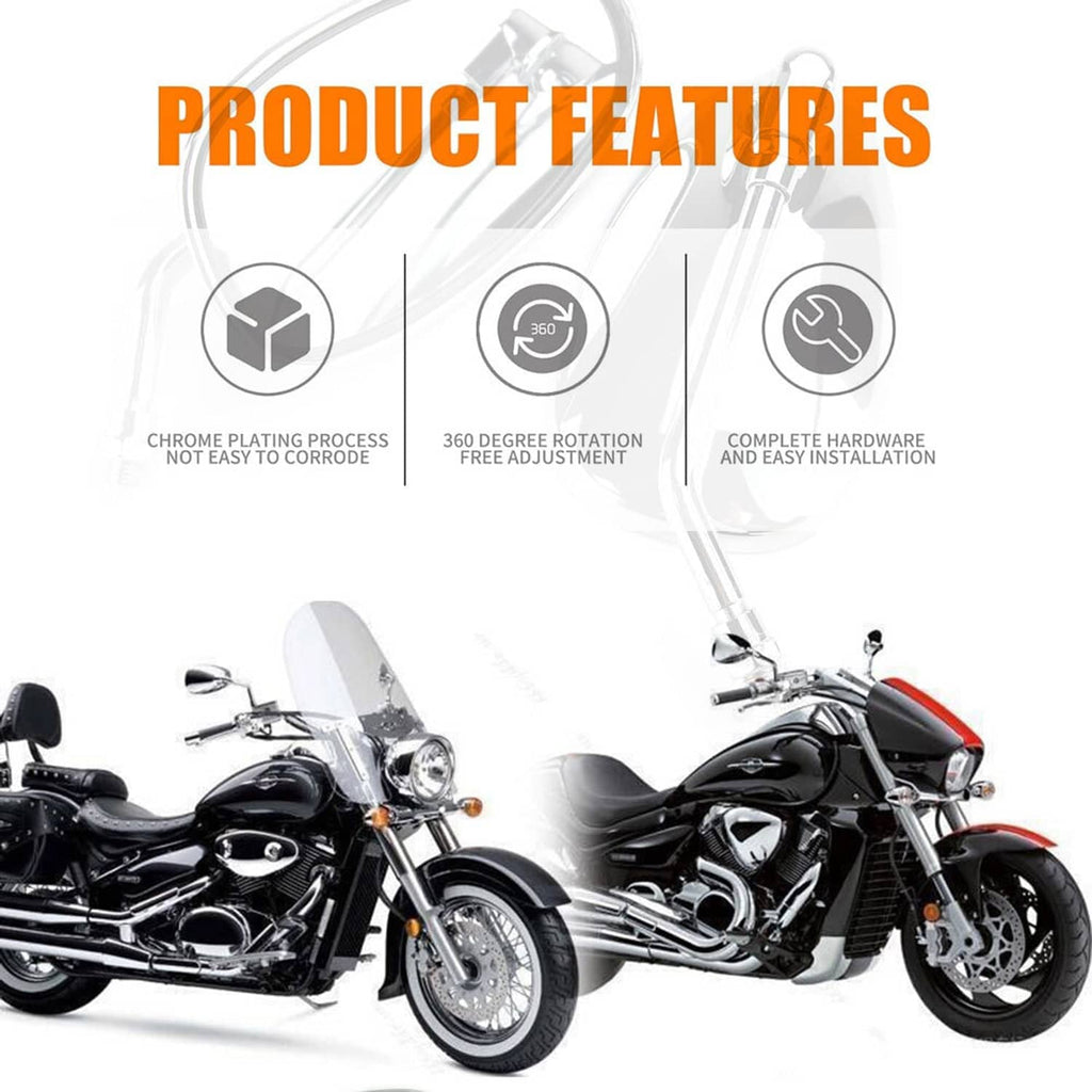 Chrome motorcycle mirrors with reflective oval lenses and long stems