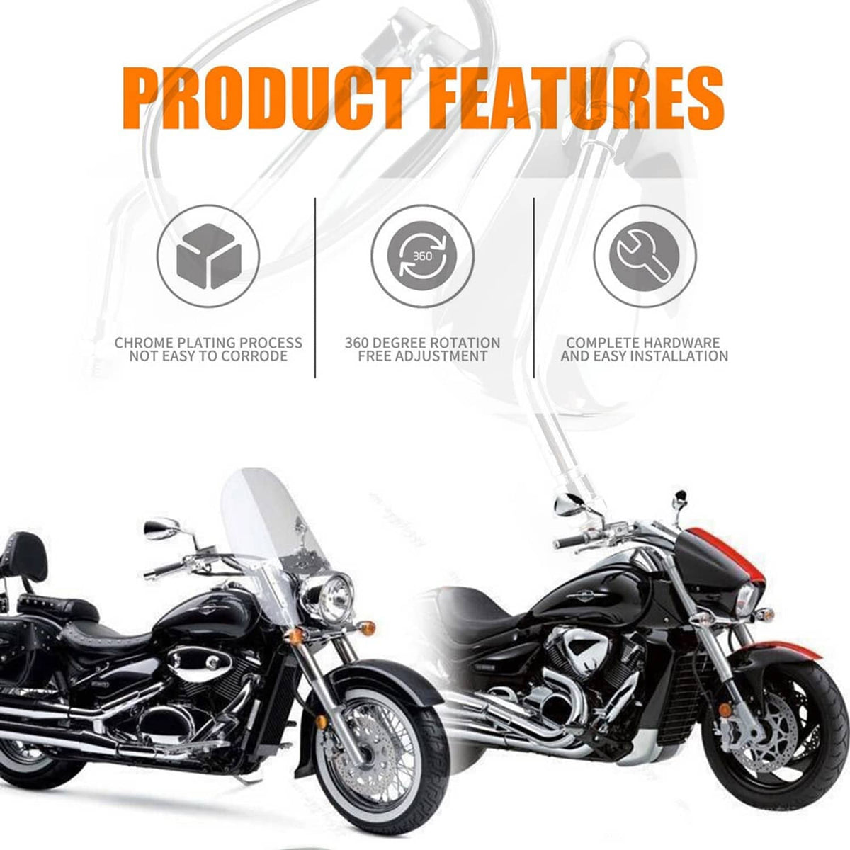 Chrome motorcycle mirrors with reflective oval lenses and long stems
