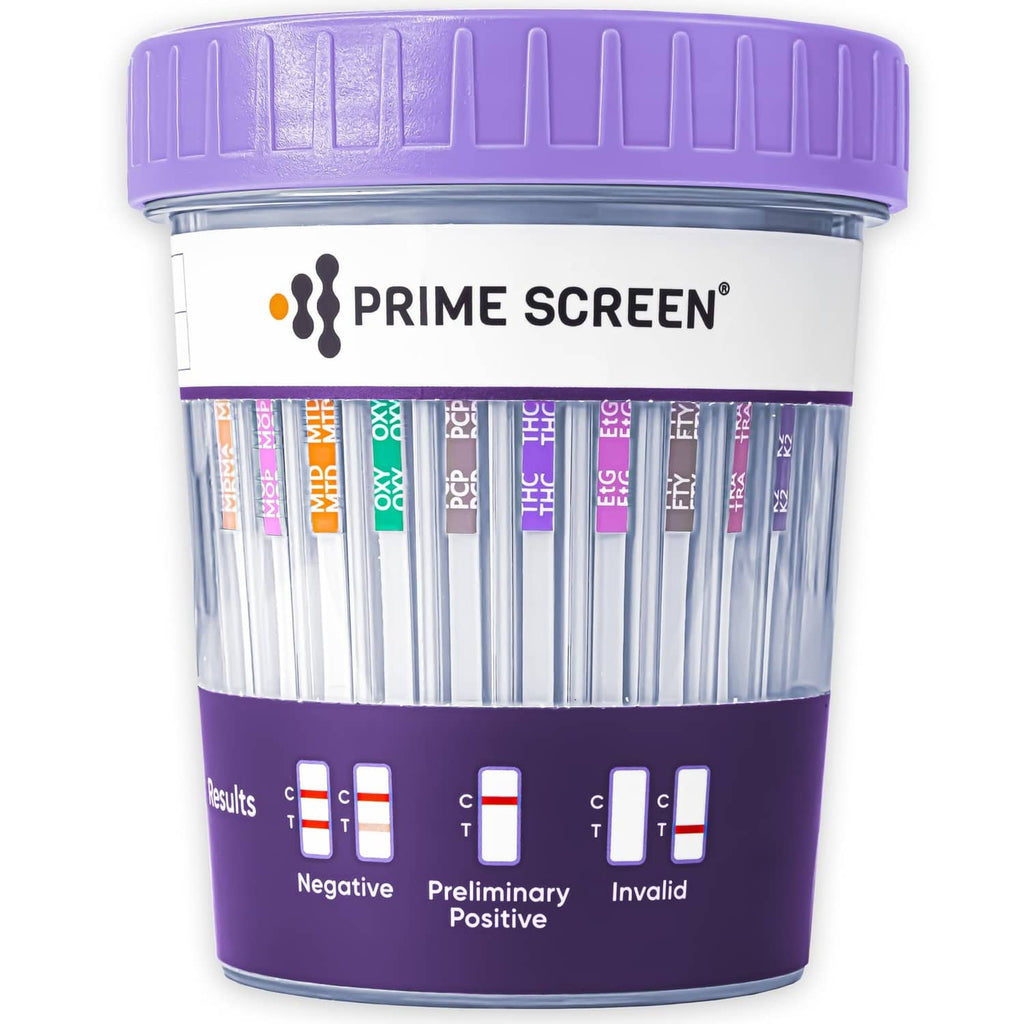 Multi-drug urine test cup kit with purple lid and urine test strip wells