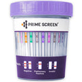 Multi-drug urine test cup kit with purple lid and urine test strip wells