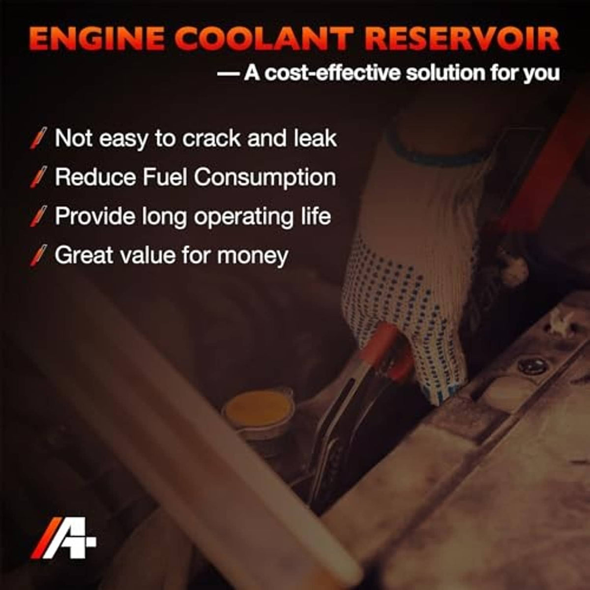 White engine coolant reservoir tank with hose outlet and blue cap