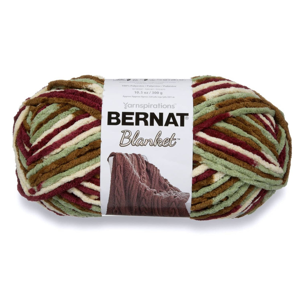 Plum Fields chenille blanket yarn skein in striped multicolor brown, green, burgundy