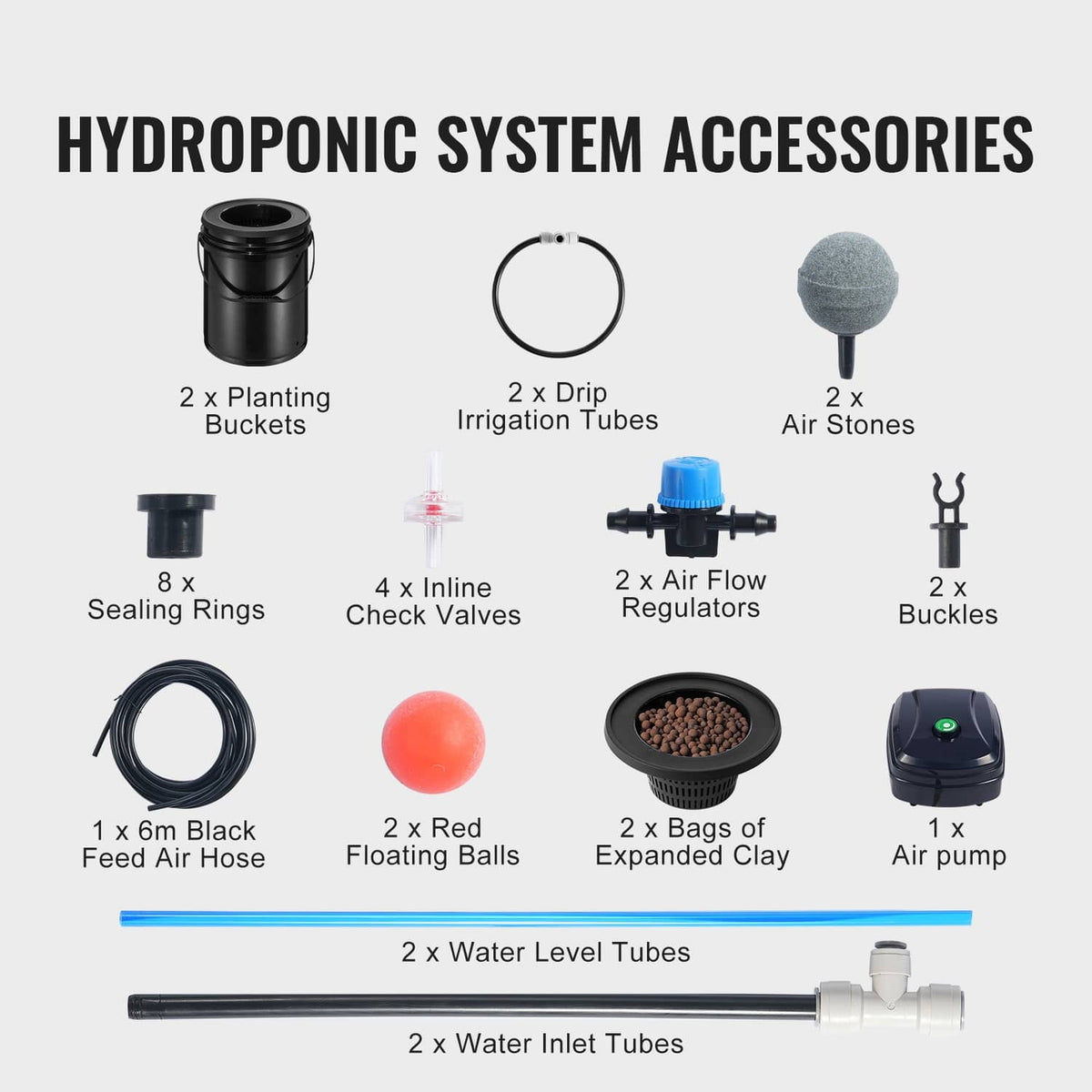 Hydroponic system accessories set: buckets, irrigation tubes, air stones, valves, tubing