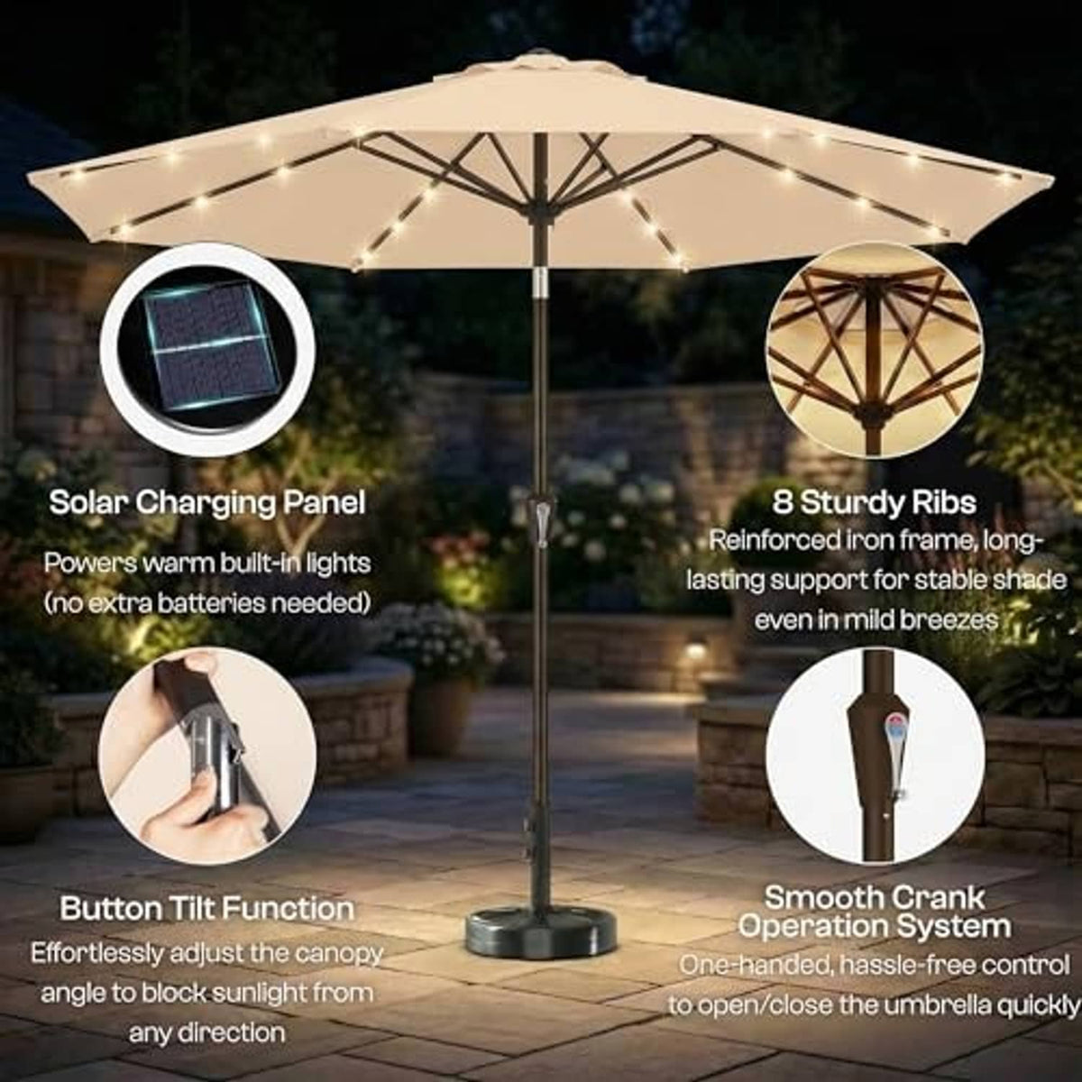 Khaki patio umbrella with solar charging panel, LED lights along canopy edges, dark ribs.