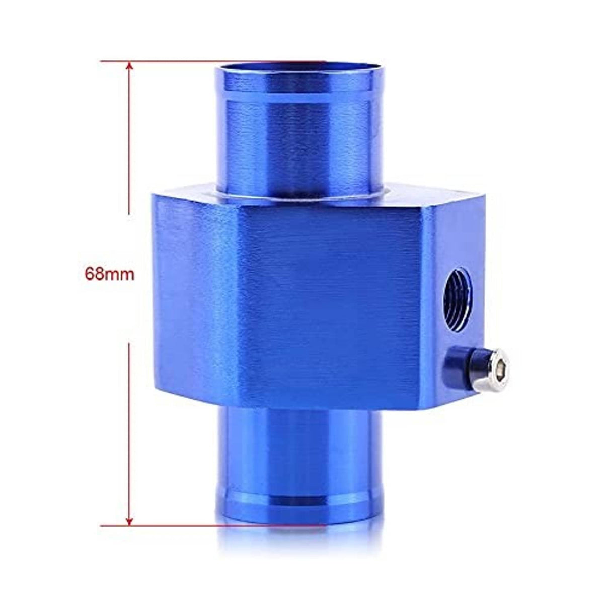 Blue anodized aluminum temperature joint pipe showing 68mm dimension, threaded side port