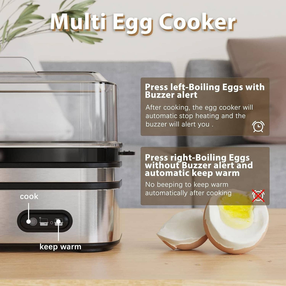 Stainless electric egg cooker with transparent lid and yolk halves on plate