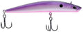 Purple fishing lure with two treble hooks and metal split ring, glossy finish