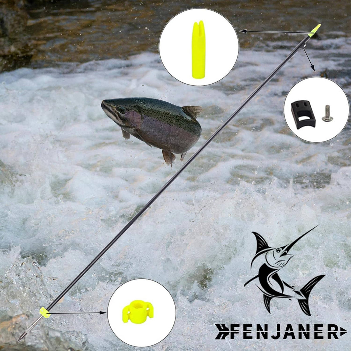Bowfishing safety slides for arrow shafts with neon yellow nocks and black clamps