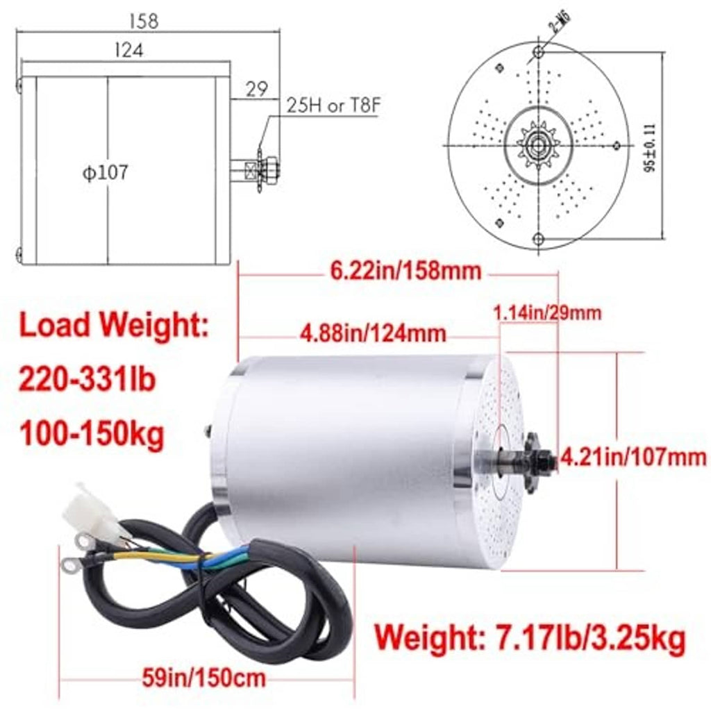 36V motor kit dimension diagram for silver cylindrical motor housing and mount