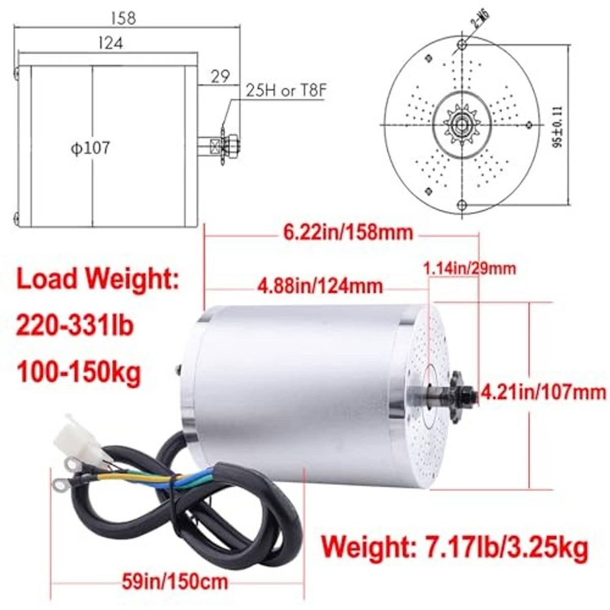 36V motor kit dimension diagram for silver cylindrical motor housing and mount