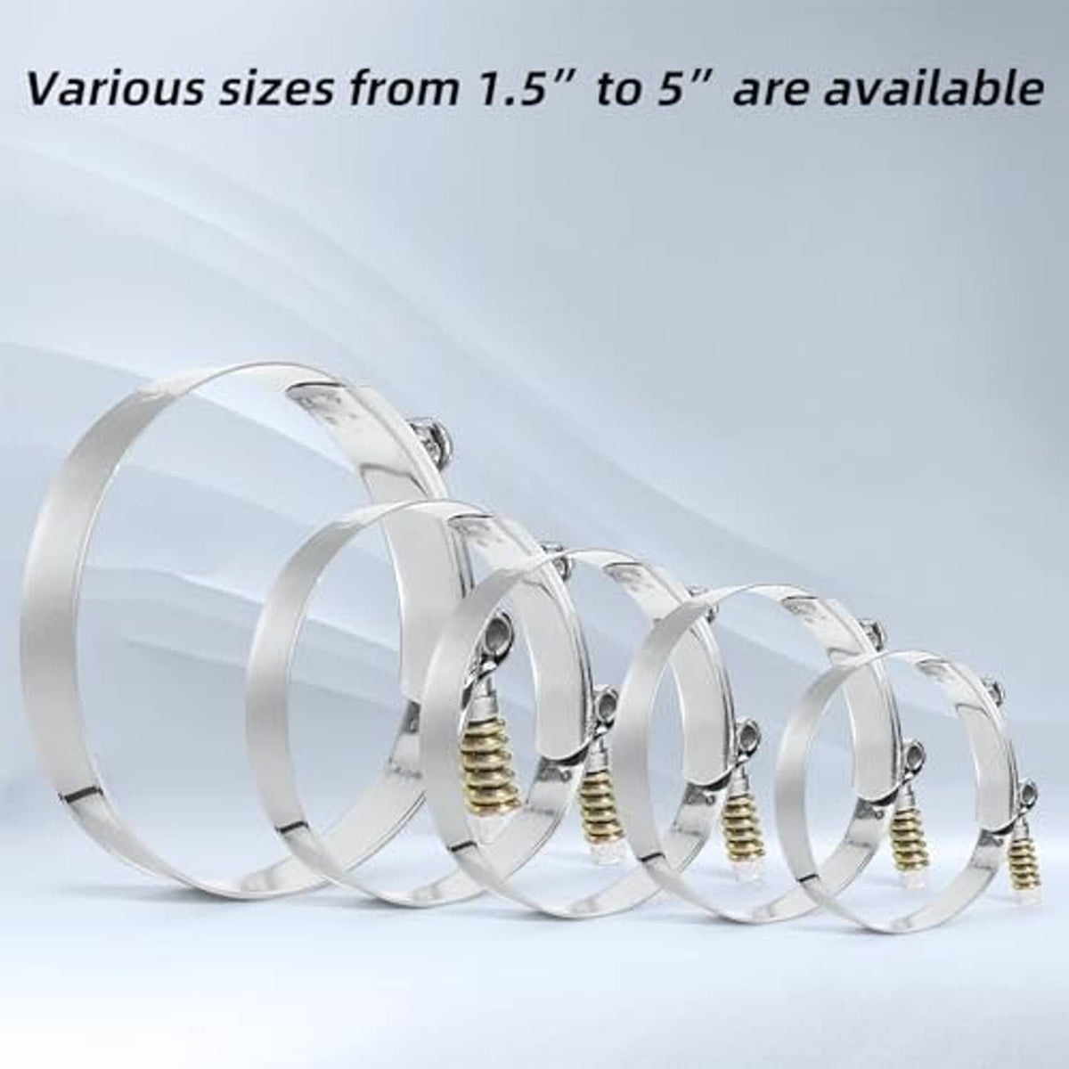 Assorted stainless T-bolt hose clamps, multiple sizes with spring tension bands