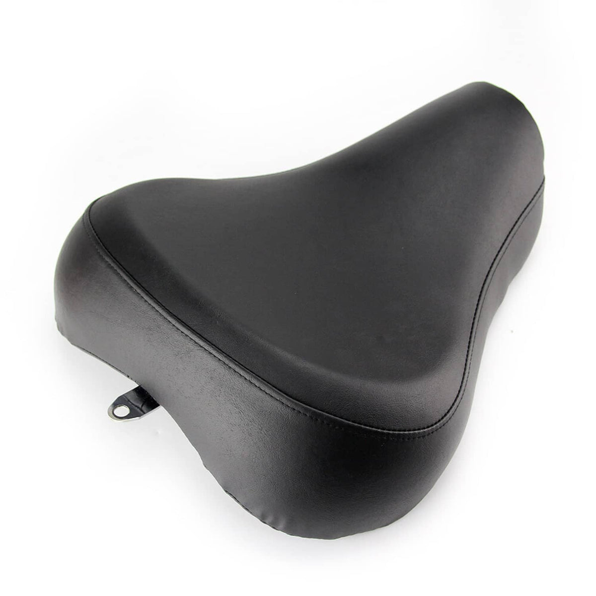 Black motorcycle solo rider seat with smooth padded cover and side mounting bracket
