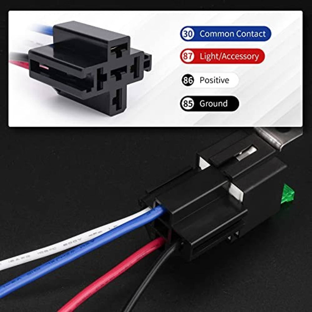 Fused DC relay socket with blue/red/white wire leads and green blade fuse, black