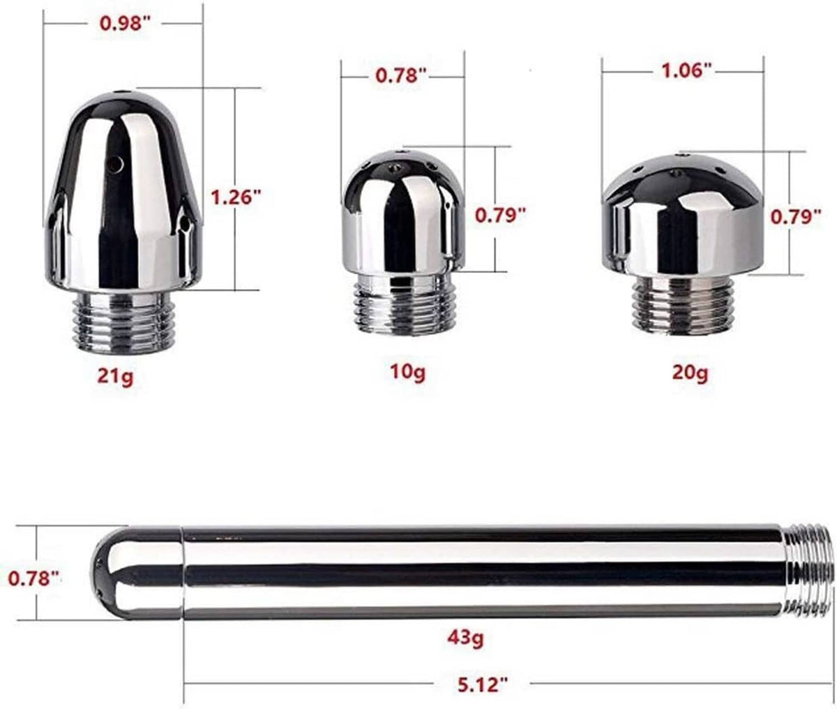 Chrome 3 nozzle heads and long aluminum tube shown with size measurements