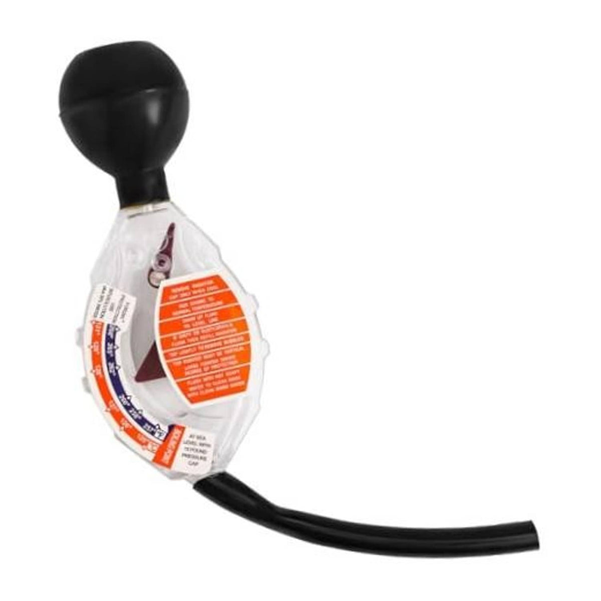 Antifreeze coolant tester with black bulb, clear body, and orange dial scale