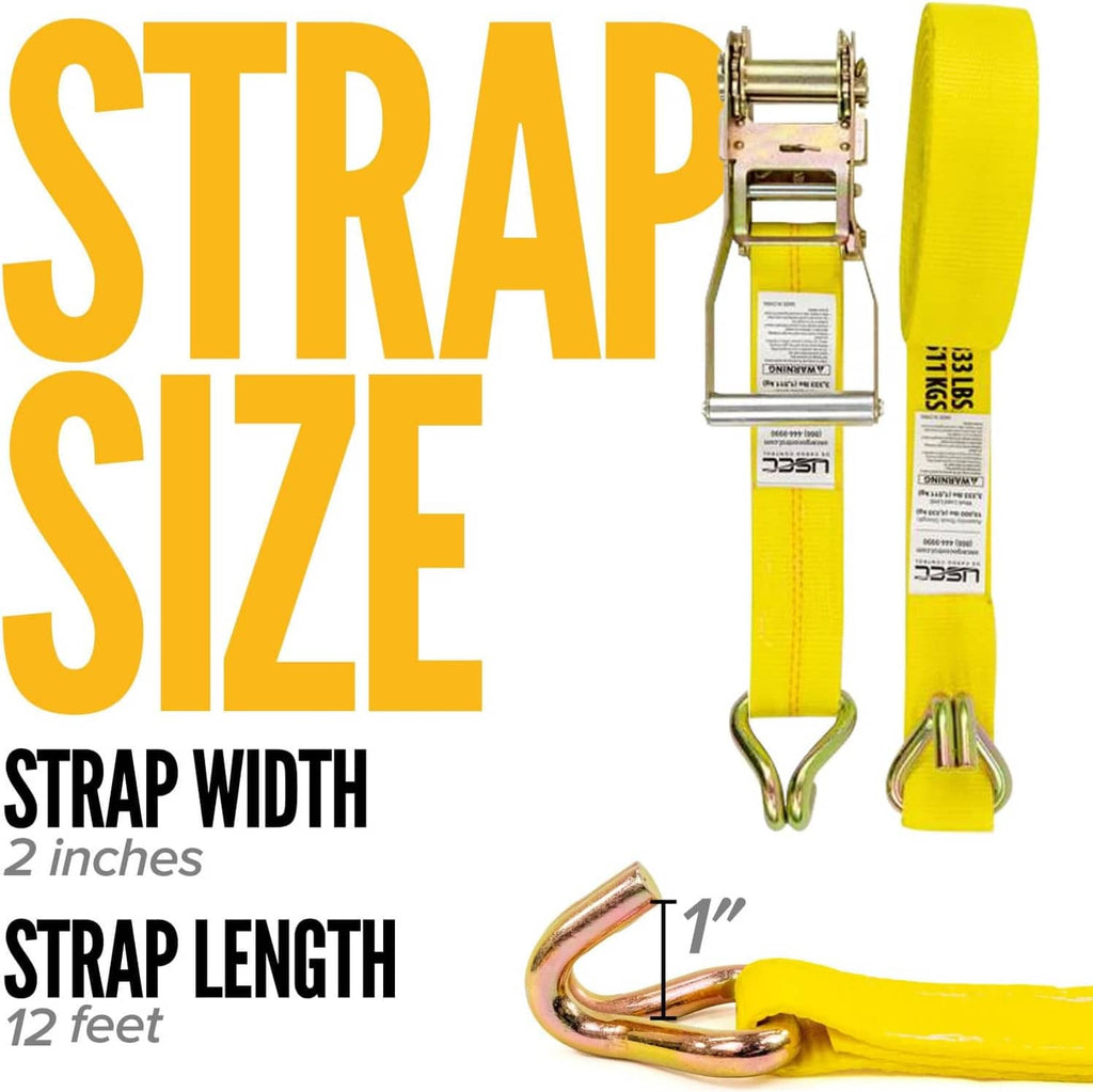 2-inch wide yellow ratchet strap with wire hook end and metal buckle hardware