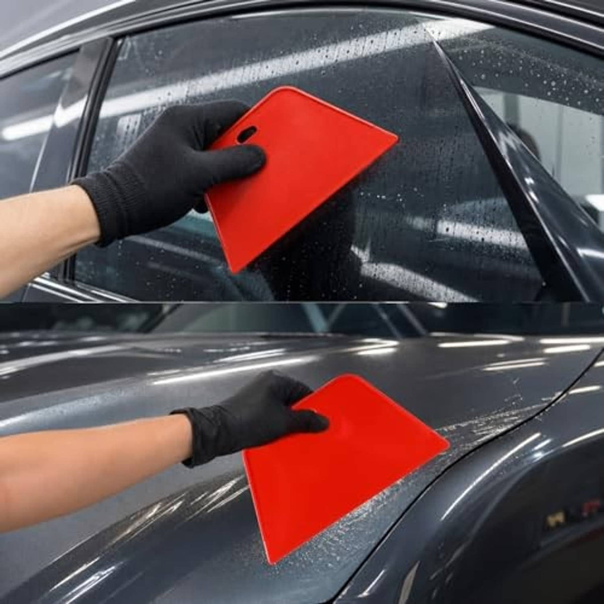 Red felt squeegee smoothing vinyl on a car window