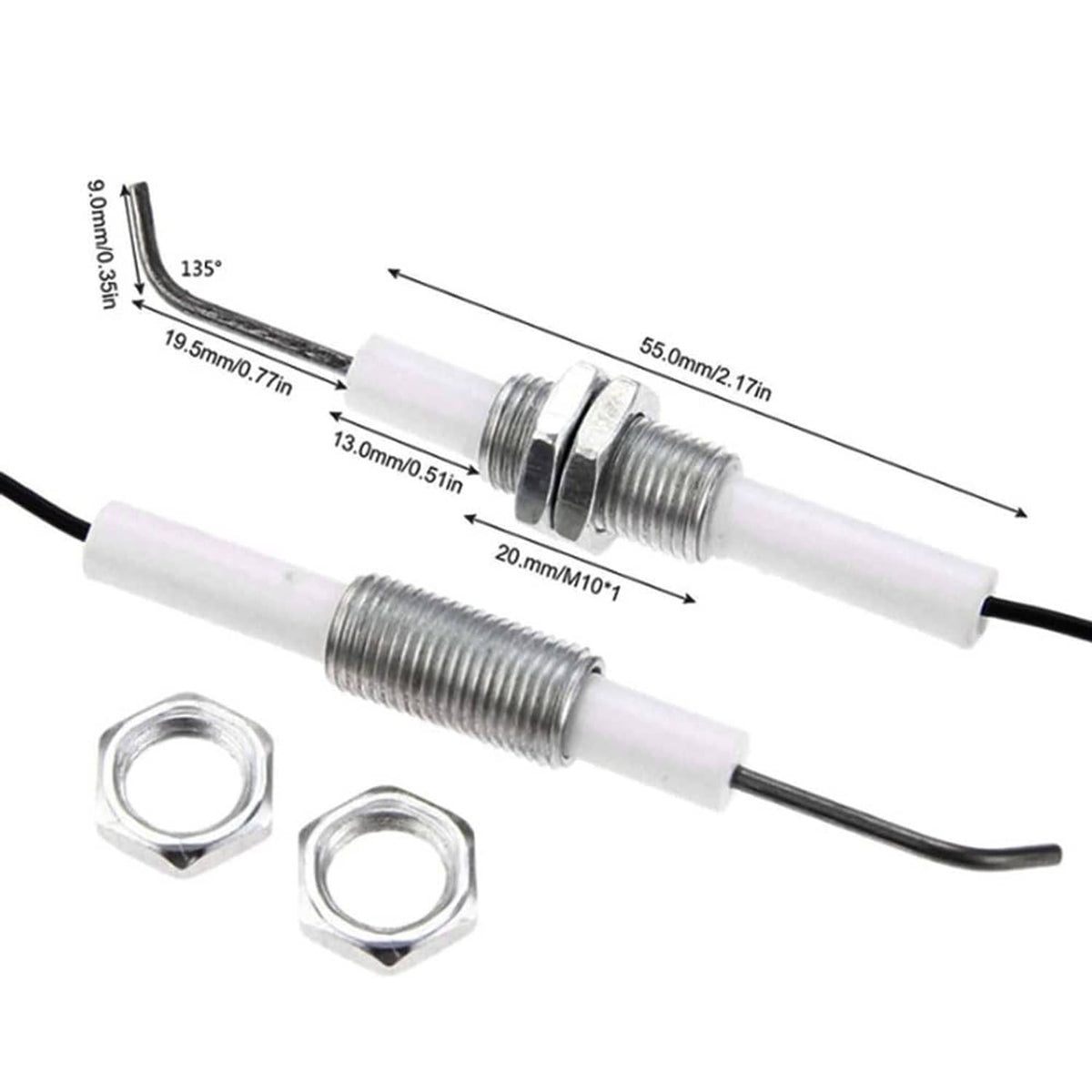 Two metal-thread propane igniter probes with white insulation, washers, and black wires