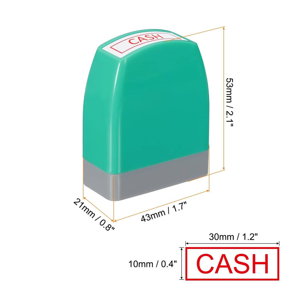 Green cash notice stamp with red CASH label and gray base, angled view