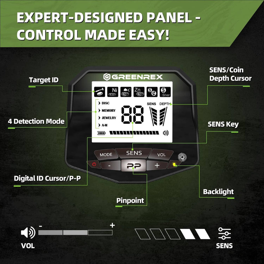 Black metal detector control panel with LCD display, mode and sens buttons, pinpoint control