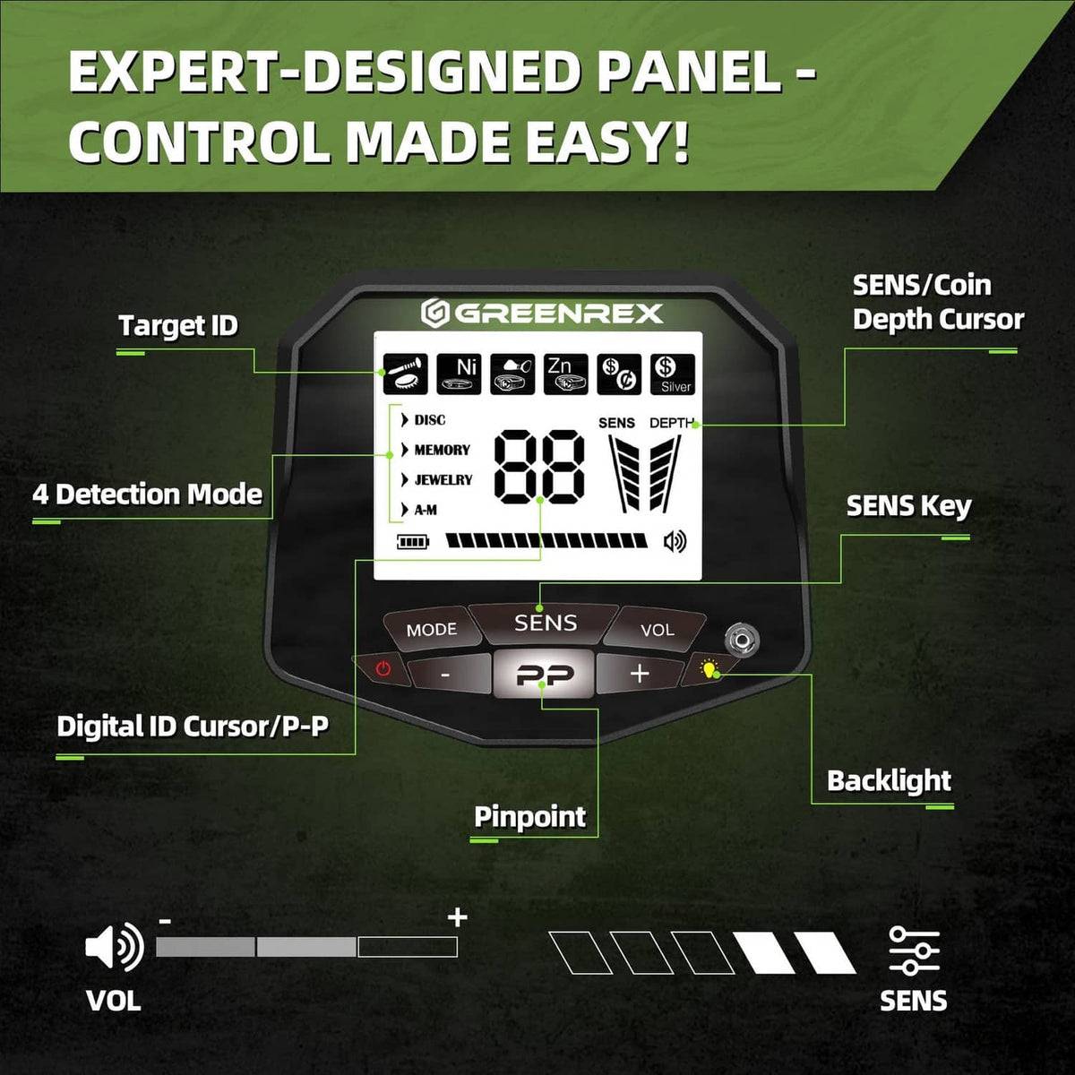 Black metal detector control panel with LCD display, mode and sens buttons, pinpoint control